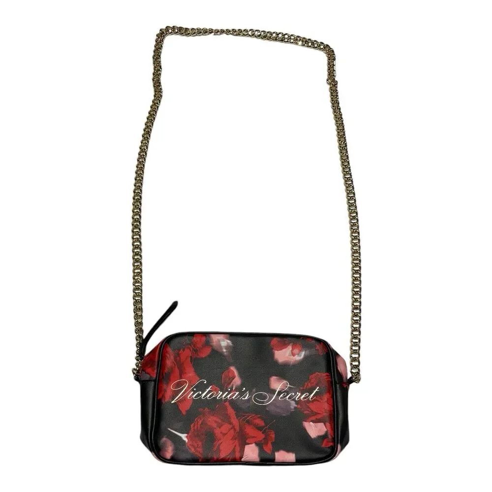 Victoria's Secret Red & Black Floral w/Gold-Tone Heavy Chain Crossbody Bag Purse